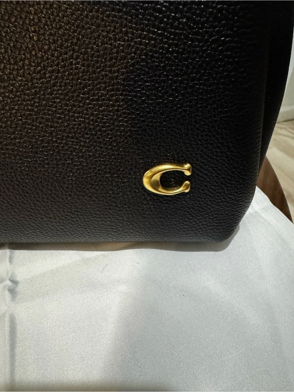 Coach Black Pebbled Leather Hobo with Gold Floral Chain Accent